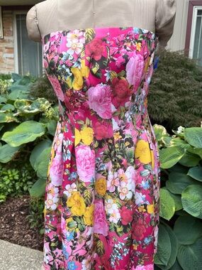New York & Company Strapless Floral Dress in Hot Pink and Yellow